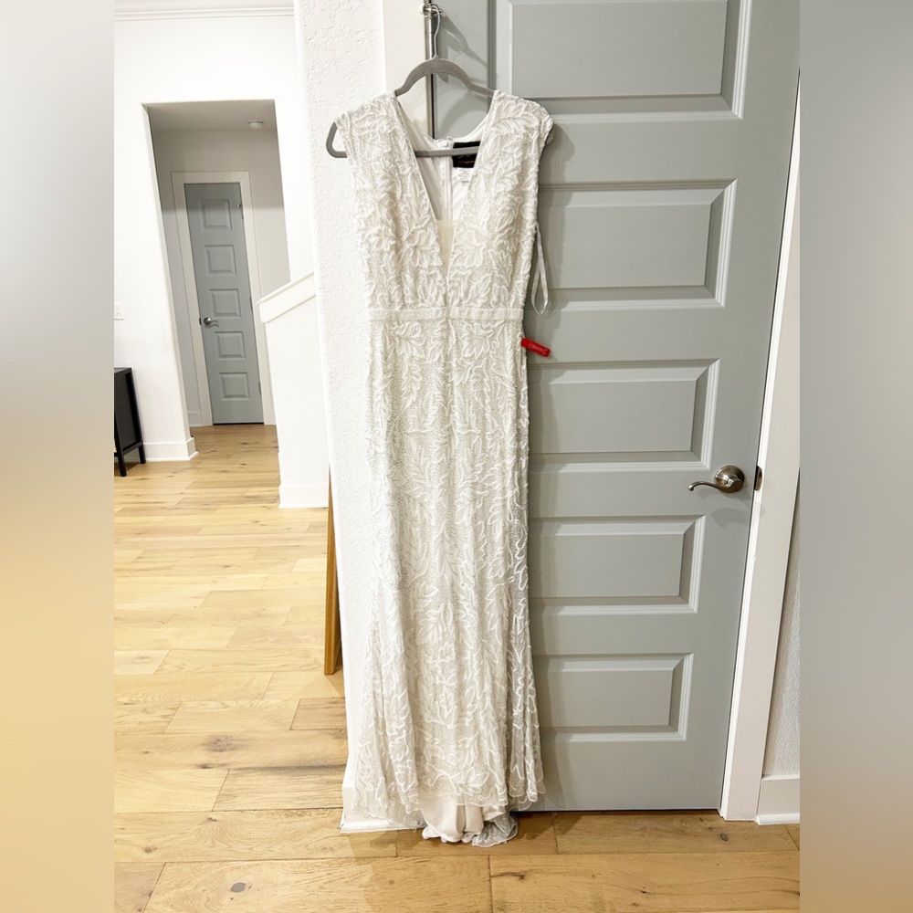 New Mac Duggal White Leaf Embroidered Beaded Gown - Picture 2 of 9